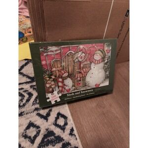 500 Pc Current SLEDS AND SNOWMEN BY SUSAN WINGET Puzzle 30x20 Complete - EUC